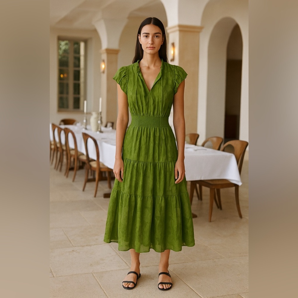 NWOT Haver London Moss Green Ruffle Midi Maxi Dress Boho Stretch Size Small​